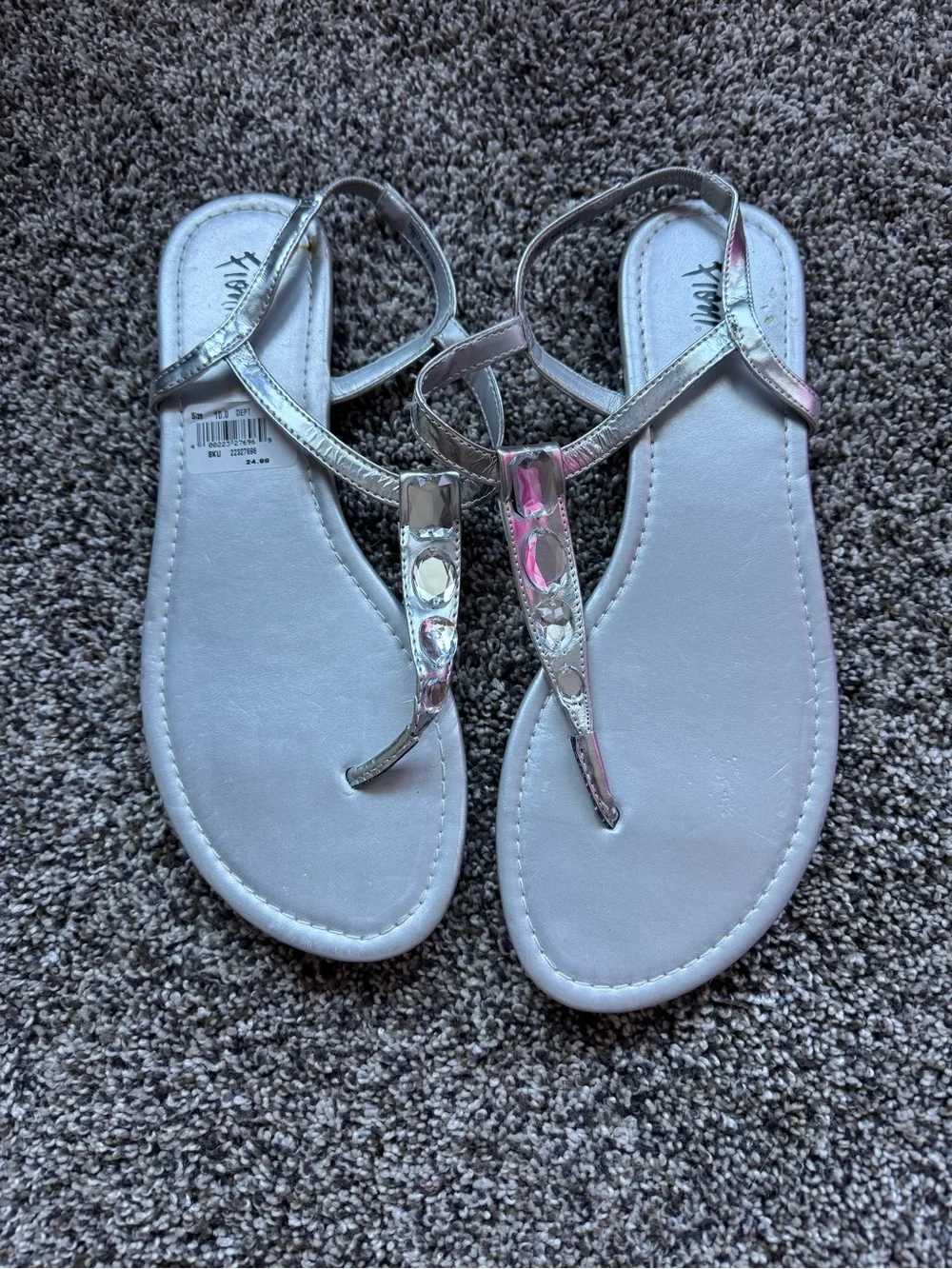 Women's Silver T-Strap Sandals with Gem Accents